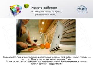 Как это работает
                            II. Передача заказа на кухню.
                                Приготовление блюд




Сделав выбор, посетитель ресторана или кафе подтверждает свой выбор, и заказ передаётся
                   на кухню. Повара приступают к приготовлению блюд.
   Гостям не надо ждать официанта для оформления заказа. Никаких бумажек и записок.
                            Никаких ошибок и недоразумений.
 