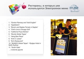 Рестораны, в которых уже
                         используется Электронное меню




1. “Gordon Ramsay and Todd English”
2. “Applebee's”
3. “Bone's and Naples Tomato in Naples”
4. “Chili's Uno's Chicago Grill”
5. “California Pizza Kitchen”
6. “Mundo Global Tapas”
7. “Heng Bao Plaza”
8. “Erik S. Lesser”
9. “BJ's Restaurant”
10. “MUNDO Global Tapas” - Rydges Hotel in
North Sydney
11. “South Gate”
 ... и многие другие
 