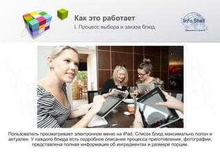 Как это работает
                           I. Процесс выбора и заказа блюд




Пользователь просматривает электронное меню на iPad. Список блюд максимально полон и
актуален. У каждого блюда есть подробное описание процесса приготовления, фотографии,
          представлена полная информация об ингредиентах и размере порции.
 