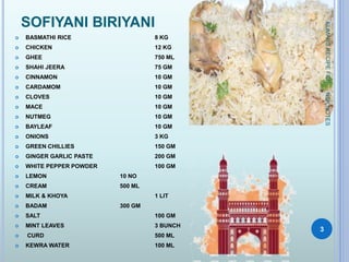 SOFIYANI BIRIYANI
 BASMATHI RICE 8 KG
 CHICKEN 12 KG
 GHEE 750 ML
 SHAHI JEERA 75 GM
 CINNAMON 10 GM
 CARDAMOM 10 GM
 CLOVES 10 GM
 MACE 10 GM
 NUTMEG 10 GM
 BAYLEAF 10 GM
 ONIONS 3 KG
 GREEN CHILLIES 150 GM
 GINGER GARLIC PASTE 200 GM
 WHITE PEPPER POWDER 100 GM
 LEMON 10 NO
 CREAM 500 ML
 MILK & KHOYA 1 LIT
 BADAM 300 GM
 SALT 100 GM
 MINT LEAVES 3 BUNCH
 CURD 500 ML
 KEWRA WATER 100 ML
KUMARSRECIPEFILE
3
NSKNOTES
 