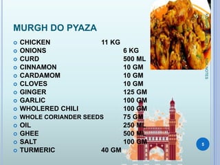 MURGH DO PYAZA
 CHICKEN 11 KG
 ONIONS 6 KG
 CURD 500 ML
 CINNAMON 10 GM
 CARDAMOM 10 GM
 CLOVES 10 GM
 GINGER 125 GM
 GARLIC 100 GM
 WHOLERED CHILI 100 GM
 WHOLE CORIANDER SEEDS 75 GM
 OIL 250 ML
 GHEE 500 ML
 SALT 100 GM
 TURMERIC 40 GM
KUMARSRECIPEFILE
5
NSKNOTES
 