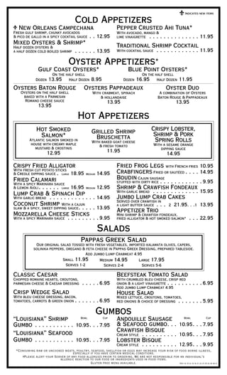 PDX 1-8, 10-12, 14, 16, 21, 22, 27, 29, 32, 36 06.14
*Consuming raw or uncooked meats, poultry, seafood, shellfish or eggs may increase your risk of food borne illness,
especially if you have certain medical conditions.
=Please alert your Server of any food allergies prior to ordering. We are not responsible for an individual’s
allergic reaction to our food or ingredients used in food items.
Gluten free menu available.
Indicates new items
Cold Appetizers
New Orleans Campechana
Fresh gulf shrimp, chunky avocados
& pico de gallo in a spicy cocktail sauce.  . 12.95
Mixed Oysters Shrimp*
Half dozen oysters 
a half dozen cold boiled shrimp .  .  .  .  .  . 13.95
Pepper Crusted Ahi Tuna*
With avocado, mango 
lime vinaigrette . . . . . . . . . . . . . . . 11.95
Traditional Shrimp Cocktail
With cocktail sauce .  .  .  .  .  .  .  .  .  .  .  . 11.95
Salads
Pappas Greek Salad
Our original salad tossed with fresh vegetables, imported kalamata olives, capers,
solinika peppers, oregano  feta cheese in Pappas Greek Dressing, prepared tableside.
Add Jumbo Lump Crabmeat 4.95
Small 11.95
Serves 1-2
Medium 14.95
Serves 2-4
Large 17.95
Serves 5-6
Classic Caesar
Chopped romaine hearts, croutons,
parmesan cheese  Caesar dressing .  .  .  .  . 6.95
Crisp Wedge Salad
With bleu cheese dressing, bacon,
tomatoes, carrots  green onion.  .  .  .  .  .  . 6.95
Beefsteak Tomato Salad
With crumbled bleu cheese, crisp red
onion  a light vinaigrette.  .  .  .  .  .  .  .  .  . 6.95
Add Jumbo Lump Crabmeat 4.95
House Salad
Mixed lettuce, croutons, tomatoes,
red onions  choice of dressing .  .  .  .  .  .  . 5.95
Oyster Appetizers*
Gulf Coast Oysters*
On the half shell
Dozen 13.95 Half Dozen 8.95
Blue Point Oysters*
On the half shell
Dozen 16.95 Half Dozen 11.95
Oysters Baton Rouge
Oysters on the half shell
baked with a Parmesan
Romano cheese sauce
13.95
Oysters Pappadeaux
With crabmeat, spinach
 hollandaise
13.95
Oyster Duo
A combination of Oysters
Baton Rouge  Pappadeaux
13.95
Hot Appetizers
Crispy Fried Alligator
With fresh cut potato sticks 
 Creole dipping sauce. . Large 18.95	Medium 14.95
Fried Calamari
With a spicy Marinara sauce
 Lemon Aioli. .  .  .  .  .  . Large 16.95	Medium 12.95
Lump Crab  Spinach Dip
With garlic bread .  .  .  .  .  .  .  .  .  . . . . . 14.95
Coconut Shrimp With a cajun
slaw  a spicy, sweet dipping sauce. . . . . . 13.95
Mozzarella Cheese Sticks
With a spicy Marinara sauce . .  .  .  . . . . . . 9.95
Fried Frog Legs with French fries.10.95
Crabfingers Fried or sautéed.. . . . 14.95
Boudin Cajun sausage
stuffed with dirty rice.  .  .  .  .  .  .  . . . . . . 9.95
Shrimp  Crawfish Fondeaux
With garlic bread .  .  .  .  .  .  .  .  .  . . . . . 15.95
Jumbo Lump Crab Cakes
Served over crawfish in
a light butter sauce .  .  .  . 2 21.95. .  . 1 13.95
Appetizer Trio
Mini shrimp  crawfish fondeaux,
fried alligator  hot smoked salmon* .. . . 22.95
Hot Smoked
Salmon*
Atlantic salmon smoked in
house with creamy maple
mustard  crostinis
12.95
Grilled Shrimp
Bruschetta
With baked goat cheese
 fresh tomato
11.95
Crispy Lobster,
Shrimp  Pork
Spring Rolls
With a sesame orange
dipping sauce
14.95
Gumbos
“Louisiana” Shrimp
Gumbo .  .  .  .  .  .  .  .  .  .  .  . 10.95. .  . 7.95
“Louisiana” Seafood
Gumbo .  .  .  .  .  .  .  .  .  .  .  . 10.95. .  . 7.95
Andouille Sausage
 Seafood gumbo. .  .  . 10.95. .  . 7.95
Crawfish Bisque
Cream style .  .  .  .  .  .  .  .  .  .  . 10.95. .  . 7.95
Lobster Bisque
Cream style .  .  .  .  .  .  .  .  .  .  . 12.95. .  . 9.95
	Bowl	 Cup 	Bowl	 Cup
 