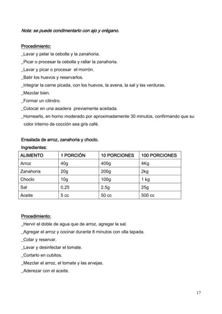 17
Nota: se puede condimentarlo con ajo y orégano.
Procedimiento:
_Lavar y pelar la cebolla y la zanahoria.
_Picar o procesar la cebolla y rallar la zanahoria.
_Lavar y picar o procesar el morrón.
_Batir los huevos y reservarlos.
_Integrar la carne picada, con los huevos, la avena, la sal y las verduras.
_Mezclar bien.
_Formar un cilindro.
_Colocar en una asadera previamente aceitada.
_Hornearlo, en horno moderado por aproximadamente 30 minutos, confirmando que su
color interno de cocción sea gris café.
Ensalada de arroz, zanahoria y choclo.
Ingredientes:
ALIMENTO 1 PORCIÓN 10 PORCIONES 100 PORCIONES
Arroz 40g 400g 4Kg
Zanahoria 20g 200g 2kg
Choclo 10g 100g 1 kg
Sal 0,25 2,5g 25g
Aceite 5 cc 50 cc 500 cc
Procedimiento:
_Hervir el doble de agua que de arroz, agregar la sal.
_Agregar el arroz y cocinar durante 8 minutos con olla tapada.
_Colar y reservar.
_Lavar y desinfectar el tomate.
_Cortarlo en cubitos.
_Mezclar el arroz, el tomate y las arvejas.
_Aderezar con el aceite.
 