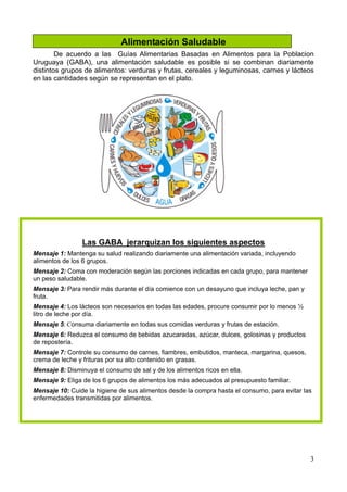 3
Alimentación Saludable
De acuerdo a las Guías Alimentarias Basadas en Alimentos para la Poblacion
Uruguaya (GABA), una alimentación saludable es posible si se combinan diariamente
distintos grupos de alimentos: verduras y frutas, cereales y leguminosas, carnes y lácteos
en las cantidades según se representan en el plato.
Las GABA jerarquizan los siguientes aspectos
Mensaje 1: Mantenga su salud realizando diariamente una alimentación variada, incluyendo
alimentos de los 6 grupos.
Mensaje 2: Coma con moderación según las porciones indicadas en cada grupo, para mantener
un peso saludable.
Mensaje 3: Para rendir más durante el día comience con un desayuno que incluya leche, pan y
fruta.
Mensaje 4: Los lácteos son necesarios en todas las edades, procure consumir por lo menos ½
litro de leche por día.
Mensaje 5: Consuma diariamente en todas sus comidas verduras y frutas de estación.
Mensaje 6: Reduzca el consumo de bebidas azucaradas, azúcar, dulces, golosinas y productos
de repostería.
Mensaje 7: Controle su consumo de carnes, fiambres, embutidos, manteca, margarina, quesos,
crema de leche y frituras por su alto contenido en grasas.
Mensaje 8: Disminuya el consumo de sal y de los alimentos ricos en ella.
Mensaje 9: Eliga de los 6 grupos de alimentos los más adecuados al presupuesto familiar.
Mensaje 10: Cuide la higiene de sus alimentos desde la compra hasta el consumo, para evitar las
enfermedades transmitidas por alimentos.
 