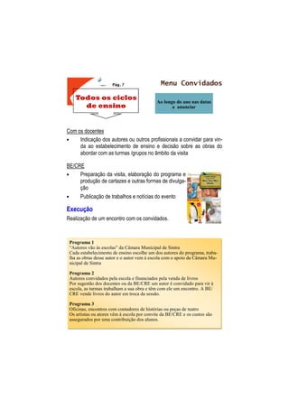 Pág.7 Menu Convidados
Com os docentes
• Indicação dos autores ou outros profissionais a convidar para vin-
da ao estabelecimento de ensino e decisão sobre as obras do
abordar com as turmas /grupos no âmbito da visita
BE/CRE
• Preparação da visita, elaboração do programa e
produção de cartazes e outras formas de divulga-
ção
• Publicação de trabalhos e notícias do evento
Execução
Realização de um encontro com os convidados.
Todos os ciclos
de ensino
Ao longo do ano nas datas
a anunciar
Programa 1
“Autores vão às escolas” da Câmara Municipal de Sintra
Cada estabelecimento de ensino escolhe um dos autores do programa, traba-
lha as obras desse autor e o autor vem à escola com o apoio da Câmara Mu-
nicipal de Sintra
Programa 2
Autores convidados pela escola e financiados pela venda de livros
Por sugestão dos docentes ou da BE/CRE um autor é convidado para vir à
escola, as turmas trabalham a sua obra e têm com ele um encontro. A BE/
CRE vende livros do autor em troca da sessão.
Programa 3
Oficinas, encontros com contadores de histórias ou peças de teatro
Os artistas ou atores vêm à escola por convite da BE/CRE e os custos são
assegurados por uma contribuição dos alunos.
 