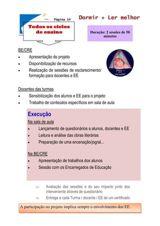 Dormir + Ler melhor
BE/CRE
 Apresentação do projeto
 Disponibilização de recursos
 Realização de sessões de esclarecimento/
formação para docentes e EE
Docentes das turmas
 Sensibilização dos alunos e EE para o projeto
 Trabalho de conteúdos específicos em sala de aula
 Avaliação das sessões e do seu impacto junto dos
interveniente através de questionário
 Entrega a cada Turma / docente / EE de um certificado
Duração: 2 sessões de 50
minutos
Todos os ciclos
de ensino
Execução
Na sala de aula
 Lançamento de questionários a alunos, docentes e EE
 Leitura e análise das obras literárias
 Preparação de uma encenação/jogral...
Na BE/CRE
 Apresentação de trabalhos dos alunos
 Sessão com os Encarregados de Educação
A participação no projeto implica sempre o envolvimento dos EE.
Página 14
 