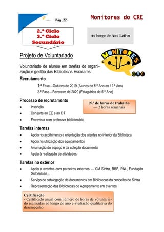 2.º Ciclo
3.º Ciclo
Secundário
Monitores do CRE
Ao longo do Ano Letivo
Projeto de Voluntariado
Voluntariado de alunos em tarefas de organi-
zação e gestão das Bibliotecas Escolares.
Recrutamento
1:ª Fase—Outubro de 2019 (Alunos do 6.º Ano ao 12.º Ano)
2.ª Fase—Fevereiro de 2020 (Estagiários de 5.º Ano)
Processo de recrutamento
• Inscrição
• Consulta ao EE e ao DT
• Entrevista com professor bibliotecário
Tarefas internas
• Apoio no acolhimento e orientação dos utentes no interior da Biblioteca
• Apoio na utilização dos equipamentos
• Arrumação do espaço e da coleção documental
• Apoio à realização de atividades
Tarefas no exterior
• Apoio a eventos com parceiros externos — CM Sintra, RBE, PNL, Fundação
Gulbenkian…
• Serviço de catalogação de documentos em Bibliotecas do concelho de Sintra
• Representação das Bibliotecas do Agrupamento em eventos
Pág.22
N.º de horas de trabalho
— 2 horas semanais
Certificação
- Certificado anual com número de horas de voluntaria-
do realizadas ao longo do ano e avaliação qualitativa do
desempenho.
 