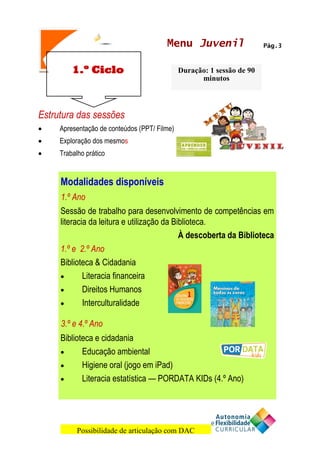 1.º Ciclo
Pág.3
MENU JOVEM
Estrutura das sessões
• Apresentação de conteúdos (PPT/ Filme)
• Exploração dos mesmos
• Trabalho prático
Duração: 1 sessão de 90
minutos
Menu Juvenil
Modalidades disponíveis
1.º Ano
Sessão de trabalho para desenvolvimento de competências em
literacia da leitura e utilização da Biblioteca.
À descoberta da Biblioteca
1.º e 2.º Ano
Biblioteca & Cidadania
• Literacia financeira
• Direitos Humanos
• Interculturalidade
3.º e 4.º Ano
Biblioteca e cidadania
• Educação ambiental
• Higiene oral (jogo em iPad)
• Literacia estatística — PORDATA KIDs (4.º Ano)
Possibilidade de articulação com DAC
 