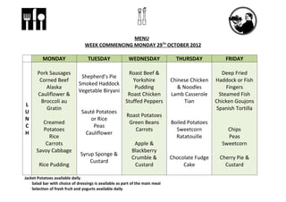 Menu 29th october 2012 | PPT
