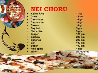 NEI CHORU
• Kaima Rice 11 kg
• Ghee 1 litre
• Cinnamon 10 gm
• Cardamom 10 gm
• Cloves 10 gm
• Bay leaf 5 gm
• Star anise 5 gm
• Ginger 125 gm
• Cashew 200 gm
• Sultanas 200 gm
• Salt 100 gm
• Sugar 100 gm
• Pine apple 4 nos
• Water as required
KUMARS RECIPE FILE 3NSK NOTES
 