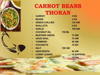 CARROT BEANS
THORAN• CARROT 3 KG
• BEANS 3 KG
• GREEN CHILLIES 125 GM
• SHALLOTS 2 KG
• GARLIC 100 GM
• COCONUT OIL 750 ML
• MUSTARD SEEDS 75 GM
• URUD DHAL 75 GM
• TURMERIC 40 GM
• COCONUTS 10 NO
• SALT 100 GM
• ASAFOEDITA 40 GM
• CURRY LEAVES 10 SAPRIGS
• JEERA 75 GM
•
KUMARS RECIPE FILE 6NSK NOTES
 