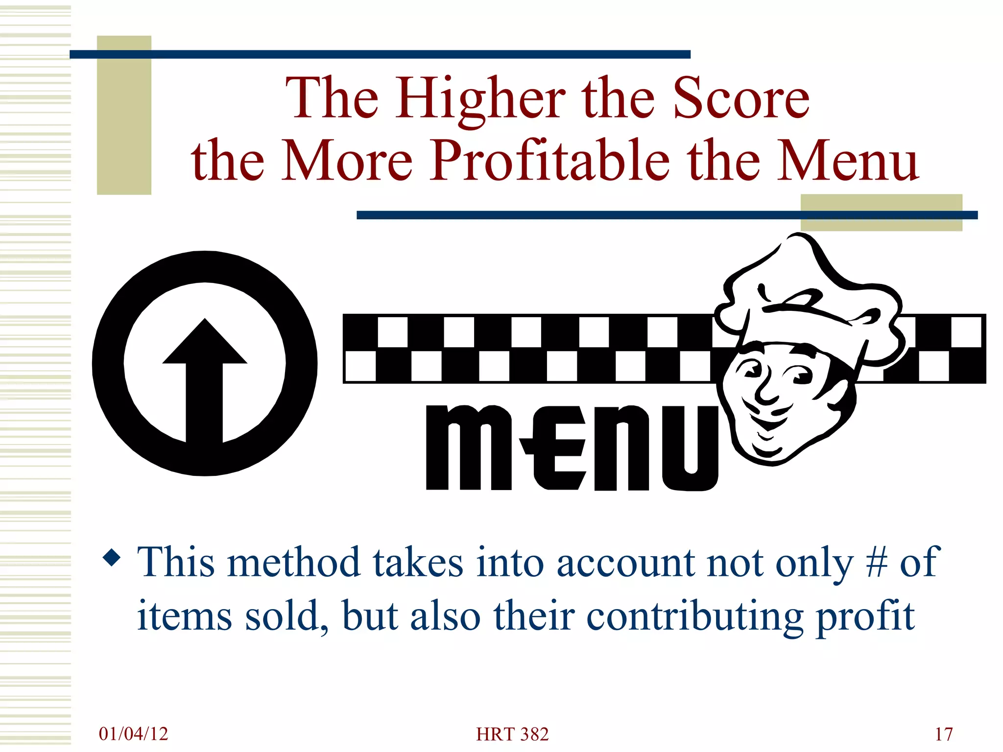The Higher the Score  the More Profitable the Menu This method takes into account not only # of items sold, but also their contributing profit 