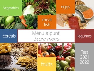 cereals legumes
fruits
meat
fish
Vegetables
Menu a punti
Score menu
eggs
Test
2021
2022
 