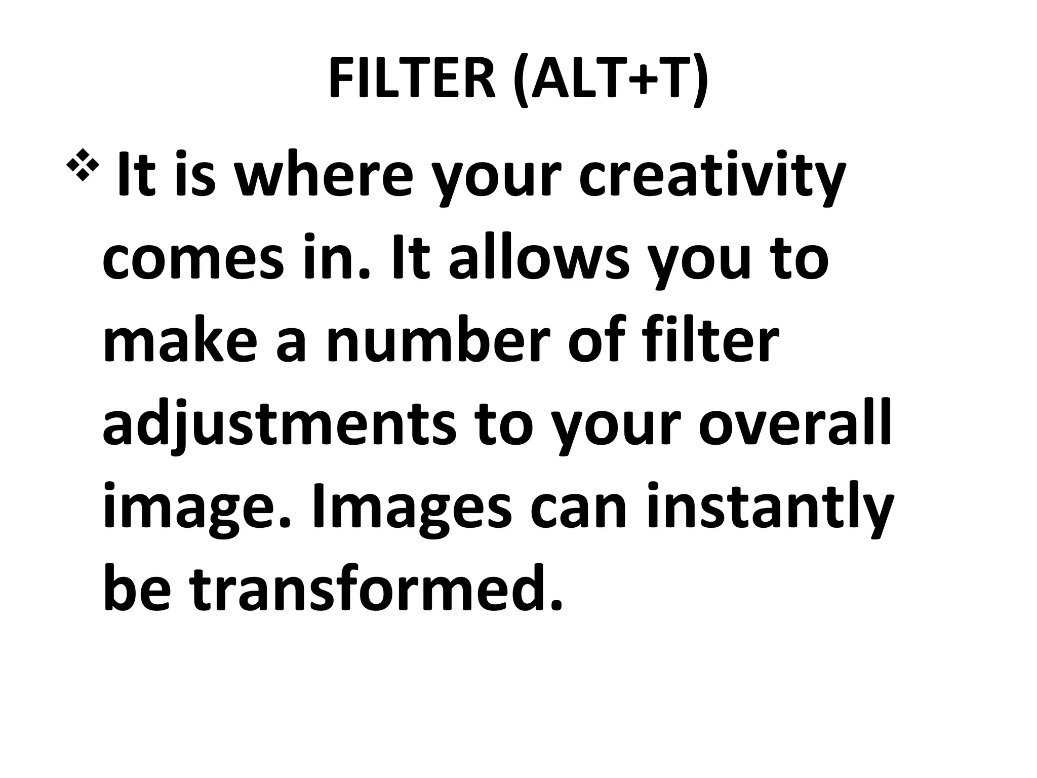 FILTER (ALT+T)
 It is where your creativity
comes in. It allows you to
make a number of filter
adjustments to your overall
image. Images can instantly
be transformed.
 