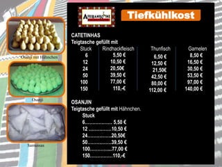 Osanji mit Hähnchen
CATETINHAS
Teigtasche gefüllt mit
Stuck Rindhackfleisch Thunfisch Garnelen
6 8,50 €
12 16,50 €
24 30,50 €
50 53,50 €
100 97,00 €
150 140,00 €
OSANJIN
Teigtasche gefüllt mit Hähnchen.
Stuck
6……………… 5,50 €
12 ……………10,50 €
24…………….20,50€
50…………….39,50 €
100…………...77,00 €
150……………110,-€
Osanji
Tiefkühlkost
6,50 €
12,50 €
21,50€
42,50 €
80,00 €
112,00 €
5,50 €
10,50 €
20,50€
39,50 €
77,00 €
110,-€
Samussas
 