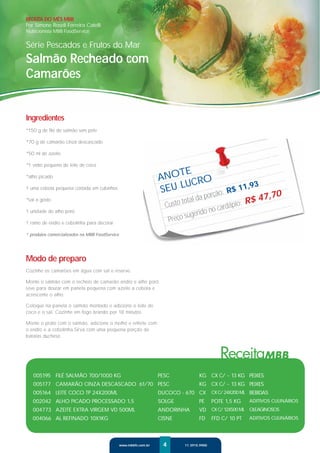 RECEITA DO MÊS MBB
Por Simone Roseli Ferreira Catelli
Nutricionista MBB FoodService


Série Pescados e Frutos do Mar
Salmão Recheado com
Camarões


Ingredientes
*150 g de ﬁlé de salmão sem pele

*70 g de camarão cinza descascado

*50 ml de azeite

*1 vidro pequeno de leite de coco
                                                                       TE
*alho picado
                                                                   ANO CRO
                                                                        U
1 uma cebola pequena cortada em cubinhos
                                                                   SEU L   ção:                 R$ 11
                                                                                                     ,93
                                                                                  a por                ,70
*sal a gosto
                                                                     Custo
                                                                           total d
                                                                                            ápio: R$ 47
                                                                                     no card
                                                                              gerido
1 unidade de alho poró

1 ramo de endro e cebolinha para decorar                              Preço su
* produtos comercializados na MBB FoodService




Modo de preparo
Cozinhe os camarões em água com sal e reserve.

Monte o salmão com o recheio de camarão endro e alho poró.
Leve para dourar em panela pequena com azeite a cebola e
acrescente o alho.

Coloque na panela o salmão montado e adicione o leite de
coco e o sal. Cozinhe em fogo brando por 18 minutos.

Monte o prato com o salmão, adicione o molho e enfeite com
o endro e a cebolinha.Sirva com uma pequena porção de
batatas duchese.




   005195 FILÉ SALMÃO 700/1000 KG                                  PESC           KG CX C/ ~ 13 KG PEIXES
   005177 CAMARÃO CINZA DESCASCADO 61/70 PESC                                     KG CX C/ ~ 13 KG PEIXES
   005164 LEITE COCO TP 24X200ML                                   DUCOCO - 670 CX        CX C/ 24X200 ML BEBIDAS
   002042 ALHO PICADO PROCESSADO 1,5                               SOLGE          PE      POTE 1,5 KG    ADITIVOS CULINÁRIOS
   004773 AZEITE EXTRA VIRGEM VD 500ML                             ANDORINHA      VD CX C/ 12X500 ML OLEAGINOSOS
   004066 AL REFINADO 10X1KG                                       CISNE          FD      FFD C/ 10 PT   ADITIVOS CULINÁRIOS




                                                www.mbbfs.com.br    4      11 3915.9900
 