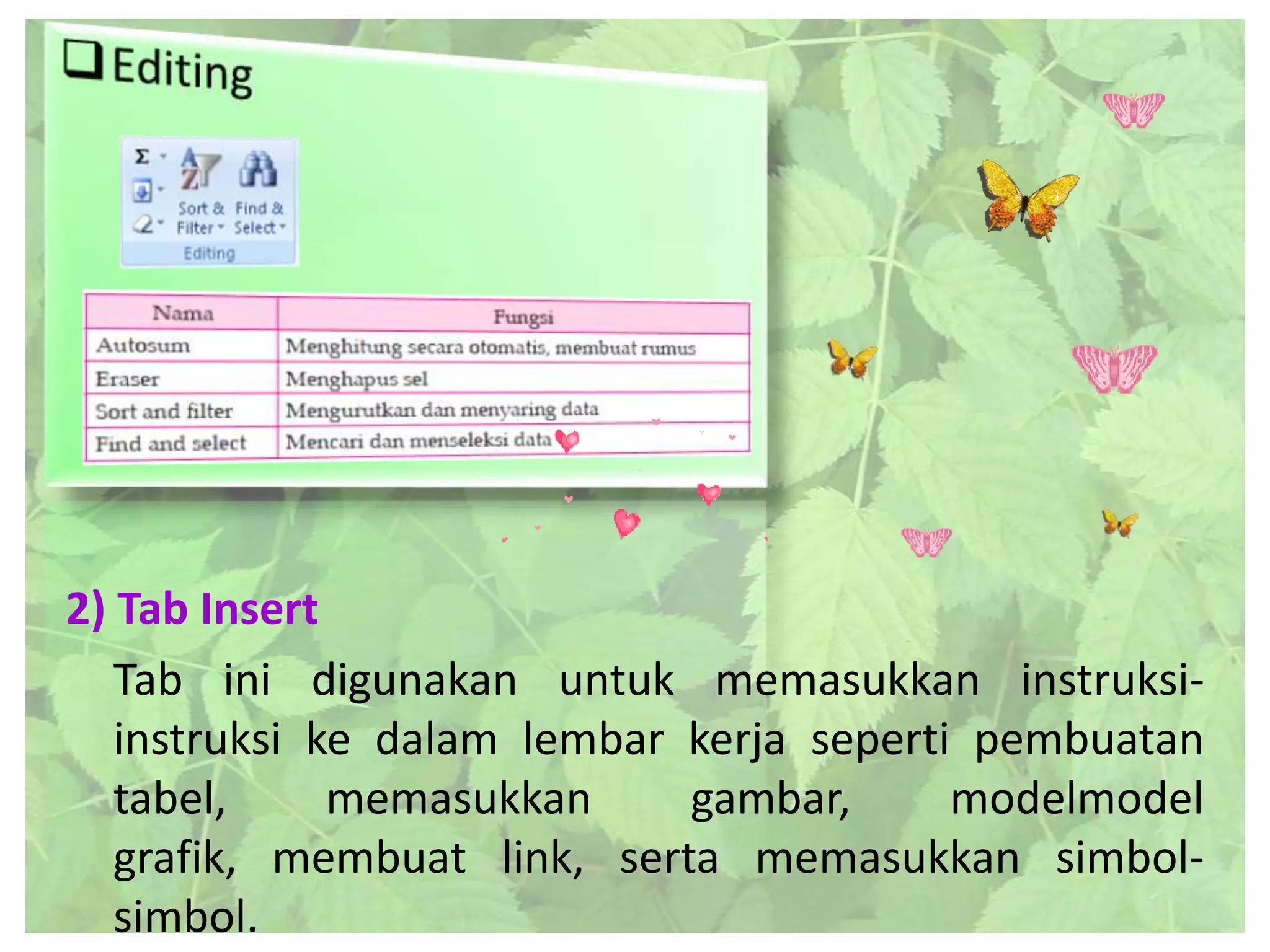 2) Tab Insert
Tab ini digunakan untuk memasukkan instruksi-
instruksi ke dalam lembar kerja seperti pembuatan
tabel, memasukkan gambar, modelmodel
grafik, membuat link, serta memasukkan simbol-
simbol.
 