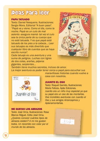 ideas para leer
     PAPA TATUADO
     Texto: Daniel Nesquens. Ilustraciones:
     Sergio Mora. Editorial "A buen paso".
     “Papá va y viene. Como el día, como la
     noche. Papá es un culo de mal
     asiento -asegura mamá- tal vez el culo
     sea la única parte de su cuerpo que
     no esté tatuada. Y es que papá está
     tatuado de los pies a la cabeza... Leer
     sus tatuajes es más divertido que
     cualquier libro de cuentos que se haya
     escrito nunca".
     Cada tatuaje es una aventura y una
     suma de peligros. Luchas con tigres
     de dos colas, arañas, pájaros
     gigantes, serpientes...
     También tiene muchos secretos, incluso de amor.
     La mejor aventura es poder tener cerca a papá para escuchar sus
                                    maravillosas historias cuando vuelve a
                                    casa con nosotros.

                                      JUANITO EL OSO
                                      Texto: Raquel Garrido, Ilustraciones:
                                      María Felices. Apila Ediciones.
                                      Juanito era un niño muy especial ya que
                                      su papá era un oso de las montañas.
                                      Vive increibles aventuras con Juanito el
                                      Oso y sus amigos Arrancapinos y
                                      Aplanamontañas.

     ME GUSTAN LOS ABRAZOS
     Texto: José Orna. Ilustraciones: Rosa
     Blanca Miguel. Edita José Orna.
     ¿Quieres conocer cuántos tipos de
     abrazos existen? A mi me gustan
     todos. Un recorrido con color por el
     mundo de los abrazos.


12
 
