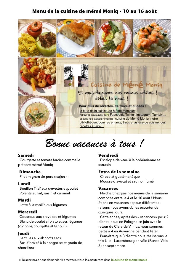 Menu De La Cuisine De Meme Moniq 10 Au 16 Aout