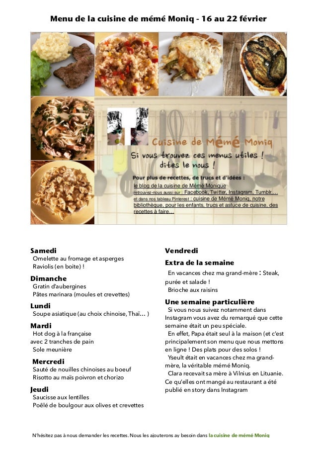 Menu De La Cuisine De Meme Moniq 16 Au 22 Fevrier