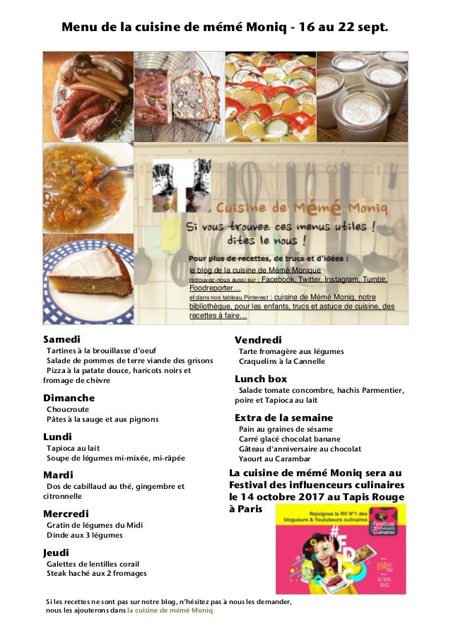 Menu De La Cuisine De Meme Moniq 16 Au 22 Septembre