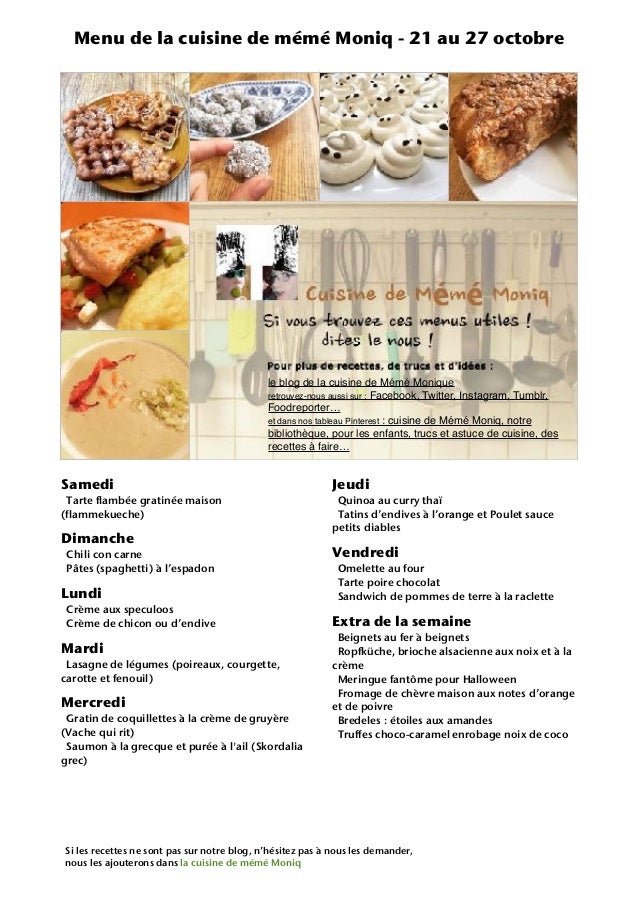 Menu De La Cuisine De Meme Moniq 21 Au 27 Octobre