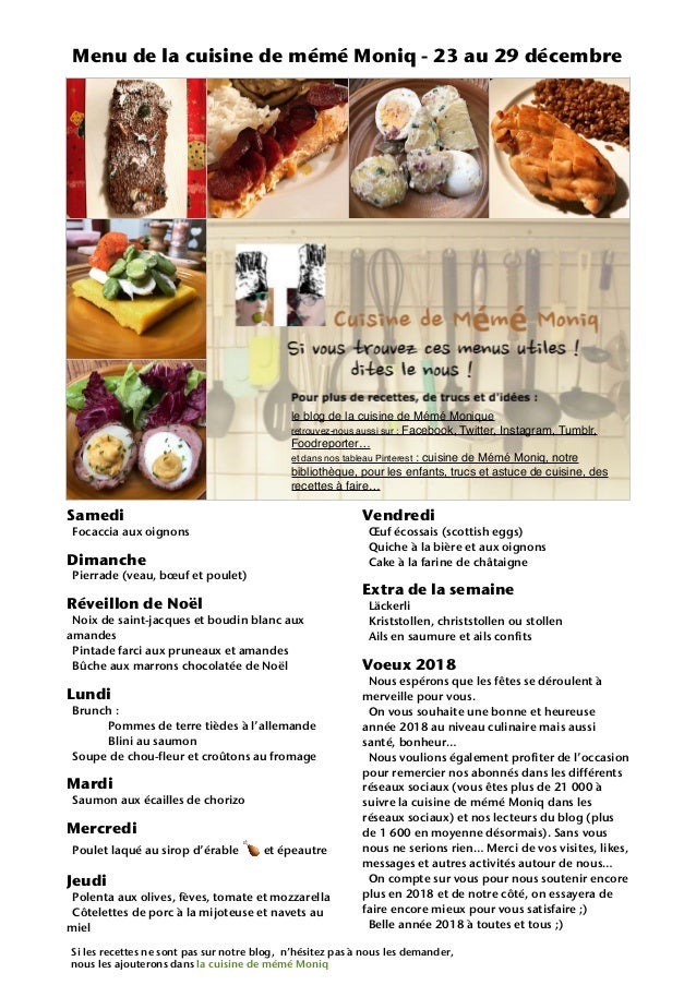 Menu De La Cuisine De Meme Moniq 23 Au 29 Decembre