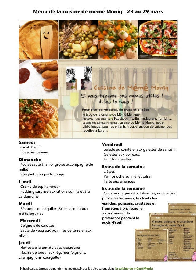 Menu De La Cuisine De Meme Moniq 23 Au 29 Mars