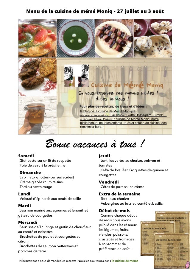 Menu De La Cuisine De Meme Moniq 27 Juillet Au 3 Aout