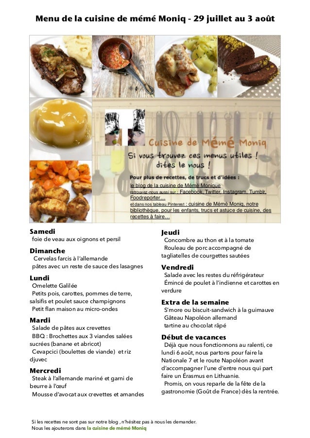 Menu De La Cuisine De Meme Moniq 29 Juillet Au 3 Aout