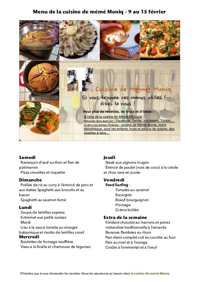 Menu De La Cuisine De Meme Moniq 9 Au 15 Fevrier