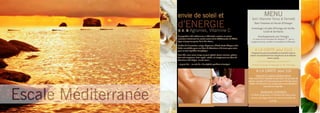 envie de soleil et                                                                          MENU
                                                                                                    Soin Vitaminé Tonus & Fermeté

                      d’ENERGIE C
                         Agrumes, Vitamine
                      H.E. &
                                                                                                       Bain Vitaminé au Nectar d’Oranges
                                                                                                    Gommage à la pâte d’Oranges de Séville,
                                                                                                            Litchi & Sel Marin
                      Le paquebot a été entièrement re-thématisé, senteurs et saveurs                      Enveloppement aux Oranges
                      racontent maintenant les escales autour de la Méditerranée, de l’Adria-        Ce soin est un concentré de vitamine “C” qui va
                      tique et jusqu’aux portes de la Mer Noire...                                 oxygéner la peau, tonifier et remodeler la silhouette.
                      Profitez de l’association unique d’agrumes, d’huile dorée d’Argan et des
                      huiles essentielles pour une Cure de Vitamines et de tonus pour votre
                      peau et votre équilibre énergétique.                                              A LA CARTE pour ELLE
                                                                                                     programme personnalisable et évolutif visant à
                      Pour Elle, nous avons conçu un pont spécial «Jeune maman», préven-           traiter simultanément les vergetures et le relâche-
                      tion anti-vergetures, Soin «après -soleil», ou simplement une Cure de                          ment cutané.
                      Vitamines anti-fatigue et anti-stress....
                                                                                                          Soin Anti-Vergetures à la Vitamine C
                      ...et pour Lui, .. un soin de « feu végétal» purifiant et tonique!             Peeling d’Oranges & Massage au Gel d’Oranges

                                                                                                         A LA CARTE pour LUI
                                                                                                         GRANITÉ MÉDITERRANÉEN
                                                                                                 Telle une friction végétale et granitée, une poudre de
                                                                                                 plantes gorgées d’huiles précieuses et d’huiles essen-
                                                                                                  tielles s’émulsionne sur la peau pour une exfoliation




Escale Méditerranée
                                                                                                                  naturelle et originale .

                                                                                                              MASSAGE TONIqUE
                                                                                                   à l’Huile d’Agrumes et Pochons du Maroc aux
                                                                                                   écorces d’orange douce, de citron et feuilles de
                                                                                                                      menthe.

                                                                                                                                                        21
 
