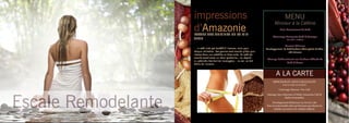 impressions                                                                 MENU
                                                                                        Minceur à la Caféine
                     d’Amazonie
                     ESCALE AUX ORIGINES DE LA MIN-
                                                                                             Bain Amincissant de Café

                                                                                      Gommage Amazonia Café & Oranges
                     CEUR                                                                          (en salle « sèche»)

                                                                                                  Cocoon Minceur
                     ... le café n’est pas torréfié à l’avance, mais pour       Enveloppement de Café fondant alliant plaisir & effica-
                     chaque utilisation. Les graines sont ensuite pilées puis                     cité minceur
                     infuses dans une cafetière en terre cuite. Le café est
                     ensuite servit selon un rituel particulier : on répand
                                                                                 Massage Raffermissant aux Pochons Chauds de
                     au préalable des feuilles ’eucalyptus... au sol, on fait
                                                                                                Café & Cacao
                     brûler de l’encens....



                                                                                         A LA CARTE
                                                                                      MINCEUR ET ANTI-CELLLULITE
                                                                                               (tout le corps ou localisé)

                                                                                            Gommage Minceur Pur Café




Escale Remodelante
                                                                                 Massage Lipo-réducteur à l’Huile Amazonia Café &
                                                                                                Huiles Essentielles
                                                                                     Enveloppement Réducteur au Gel de Café
                                                                                Soin incontournable.ultra-performant qui élimine la
                                                                                      cellulite incrustée et la cellulite infiltrée.


                                                                                                                                       9
 