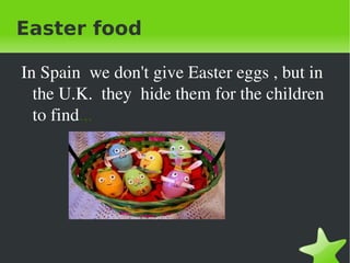 Easter food

    In Spain  we don't give Easter eggs , but in  
      the U.K.  they  hide them for the children 
      to find.,.




                           
 