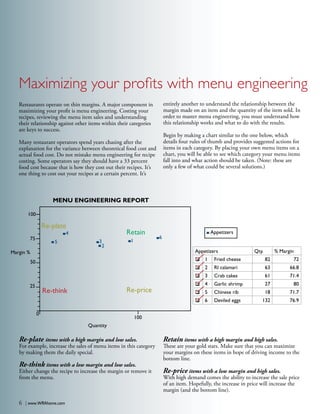 Maximizing your profits with menu engineering
                                                                         entirely another to understand the relationship between the
   Restaurants operate on thin margins. A major component in
                                                                         margin made on an item and the quantity of the item sold. In
   maximizing your profit is menu engineering. Costing your
                                                                         order to master menu engineering, you must understand how
   recipes, reviewing the menu item sales and understanding
                                                                         this relationship works and what to do with the results.
   their relationship against other items within their categories
   are keys to success.
                                                                         Begin by making a chart similar to the one below, which
                                                                         details four rules of thumb and provides suggested actions for
   Many restaurant operators spend years chasing after the
                                                                         items in each category. By placing your own menu items on a
   explanation for the variance between theoretical food cost and
                                                                         chart, you will be able to see which category your menu items
   actual food cost. Do not mistake menu engineering for recipe
                                                                         fall into and what action should be taken. (Note: these are
   costing. Some operators say they should have a 33 percent
                                                                         only a few of what could be several solutions.)
   food cost because that is how they cost out their recipes. It’s
   one thing to cost out your recipes at a certain percent. It’s



                       MENU ENGINEERING REPORT

        100

                    Re-plate
                                                    Retain                                    Appetizers
                            4
                                                                     6
        75                                            1
                                        3
                        5
                                         2
                                                                                       Appetizers                 Qty.        % Margin
Margin %
                                                                                       q1       Fried cheese             82          72
           50
                                                                                       q2       RI calamari              63         66.8
                                                                                       q3       Crab cakes               61         71.4
                                                                                       q4       Garlic shrimp            27          80
        25
                                                    Re-price
                    Re-think                                                           q5       Chinese rib              18         71.7
                                                                                       q6       Deviled eggs          132           76.9

                0
                                                          100
                                   Quantity

   Re-plate items with a high margin and low sales.                      Retain items with a high margin and high sales.
   For example, increase the sales of menu items in this category        These are your gold stars. Make sure that you can maximize
   by making them the daily special.                                     your margins on these items in hope of driving income to the
                                                                         bottom line.
   Re-think items with a low margin and low sales.
                                                                         Re-price items with a low margin and high sales.
   Either change the recipe to increase the margin or remove it
   from the menu.                                                        With high demand comes the ability to increase the sale price
                                                                         of an item. Hopefully, the increase in price will increase the
                                                                         margin (and the bottom line).

   6   | www.WRAhome.com
 