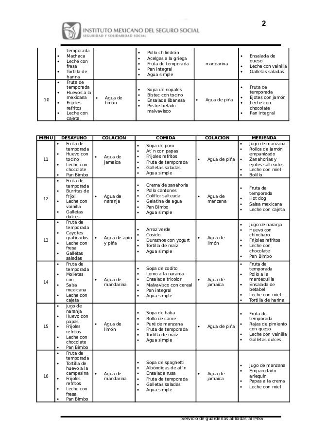 Menu Guarderias Imss