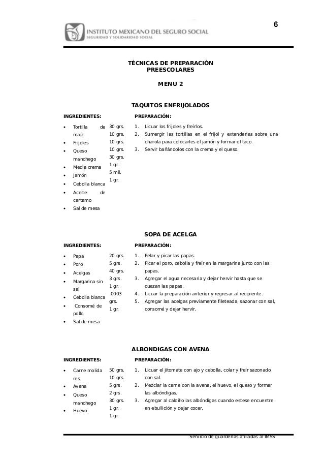 Menu Guarderias Imss