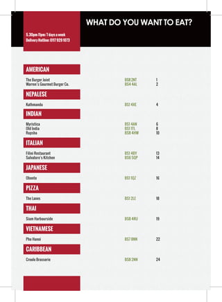 WHAT DO YOU WANT TO EAT?
5.30pm-11pm/7 days a week
Delivery Hotline: 0117 929 1073




AMERICAN
The Burger Joint                          BS8 2NT   1
Warren’s Gourmet Burger Co.               BS4 4AL   2

NEPALESE
Kathmandu                                 BS1 4XE   4

INDIAN
Myristica                                 BS1 4AN   6
Old India                                 BS1 1TL   8
Rupsha                                    BS8 4HW   10

ITALIAN
Filini Restaurant                         BS1 4BY   13
Salvatore’s Kitchen                       BS6 5QP   14

JAPANESE
Obento                                    BS1 1QZ   16

PIZZA
The Lanes                                 BS1 2LE   18

THAI
Siam Harbourside                          BS8 4RU   19

VIETNAMESE
Pho Hanoi                                 BS7 8NN   22

CARIBBEAN
Creole Brasserie                          BS8 2NN   24
 