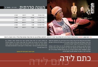 ‫מנויים > מספר 5‬             ‫הצגה סדרתית‬
                    ‫03:12‬          ‫11/4/1‬            ‫יום ו’‬       ‫סדרה מס’ 9‬
                    ‫00:12‬          ‫11/4/2‬           ‫מוצ”ש‬       ‫סדרה מס’ 11‬
                    ‫00:12‬          ‫11/4/3‬           ‫יום א’‬      ‫סדרה מס’ 21‬
                    ‫00:12‬          ‫11/4/6‬            ‫יום ד’‬     ‫סדרה מס’ 31‬
                    ‫00:12‬          ‫11/4/5‬            ‫יום ג’‬     ‫סדרה מס’ 41‬
                    ‫00:12‬          ‫11/4/4‬            ‫יום ב’‬     ‫סדרה מס’ 51‬




‫בימוי: משה קפטן | שחקנים: שרון אלכסנדר/מיכאל כורש, יפית אסולין, אברי ארבל, דוית גביש , חיים חובה, שמוליק כהן, רובי פורת שובל, טטיאנה קנליס אולייר, אורנה רוטברג, ניר שיבר.‬

  ‫את המחזה כתבה רובי פורת שובל שכתבה בעבר את המחזות “נעמי” ו”תשליך”. גם‬               ‫המחזה מביא את סיפורו של זוג צעיר בחברה החרדית של ימינו, ערב חתונתם. הוא חושף‬
  ‫במחזה החדש היא מביאה את סיפורה של אשה שחיה בחברה בה החוקים וההלכה‬                   ‫את הפער והקונפליקט שבין עולם הרפואה המערבית לבין עולם הדת וההלכה. משרטט‬
  ‫כובלים אותה, אך סיפורה יכול היה להתרחש בכל חברה המוקיעה את האשה שאינה‬                                             ‫תמונה אפילה ומסוכנת בכל הקשור למסורת השידוכים.‬
  ‫מוכנה להיכנע וללכת עם העדר. המחזה מגלה כי דווקא בחברה המקדשת את מצוות פרו‬           ‫המחזה מתרחש בין מסיבת האירוסין ובין חתונתם של בת הרב ובחיר ליבה. במהלכו‬
                                                         ‫ורבו האשה מסורסת.‬            ‫נחשף סוד אפל המאיים על אהבתם. את הסוד הזה חולקות אמה של הכלה וחברתה‬
                                                                                      ‫הטובה המשמשת רופאה חילונית בקהילה. בני הזוג סובלים ממחלה גנטית נדירה. הם‬
                        ‫משך ההצגה: כשעה וחצי ללא הפסקה.‬                                                         ‫צועדים זה לצד זו, ספק אל חופתם, ספק אל סופם הטראגי.‬




                                                      ‫כתם לידה‬
                                                ‫כתם לידה‬
 