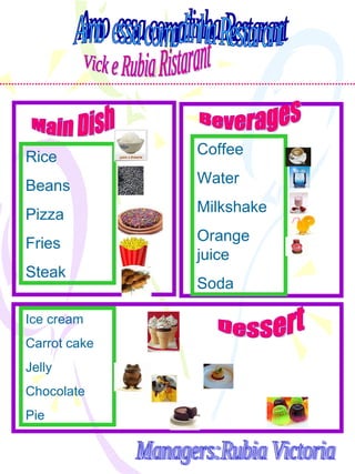 Vick e Rubia Ristarant Rice Beans Pizza Fries Steak Main Dish Beverages Dessert Ice cream Carrot cake Jelly Chocolate Pie Coffee Water Milkshake Orange  juice Soda Amo  essa comodinha Restarant Managers:Rubia Victoria 