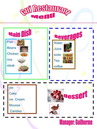 Gui Restaurant Manager: Guilherme Menu Fish Beans Chicken rice steak Main Dish Beverages Dessert Water Juice soda  Tea coffee pie Cake ice  Cream Mousse Candies 