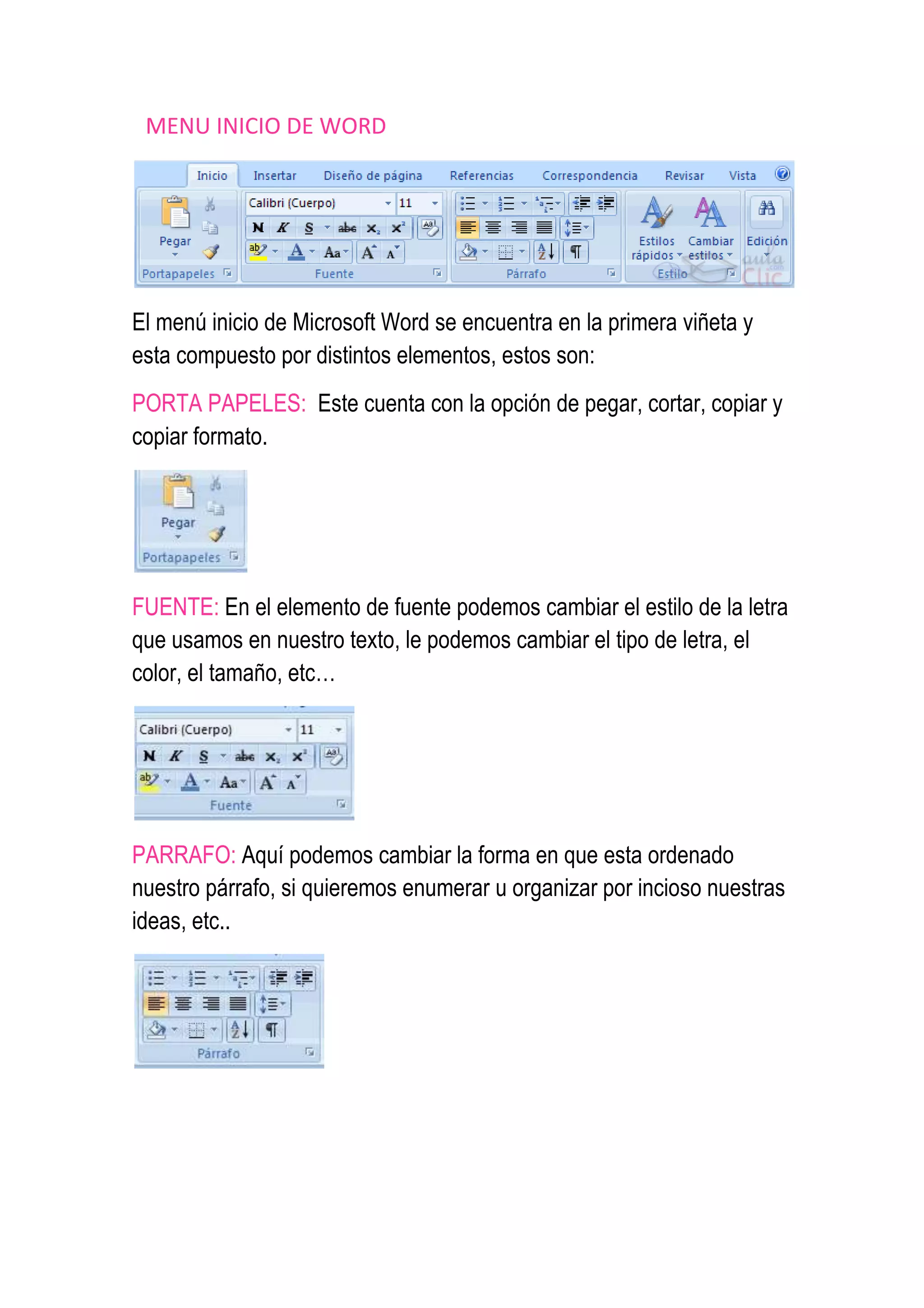 Menu inicio de word | DOCX | Technology & Computing