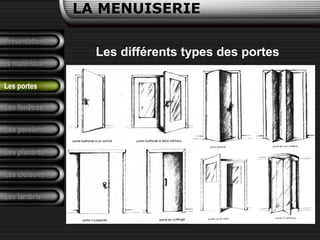 Présentation
Les matériaux
LA MENUISERIE
Les fenêtres
Les persiennes
Les placards
Les cloisons
Les lambris
Les portes
Les différents types des portes
 