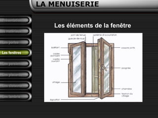 Présentation
Les matériaux
LA MENUISERIE
Les portes
Les persiennes
Les placards
Les cloisons
Les lambris
Les fenêtres
Les éléments de la fenêtre
 