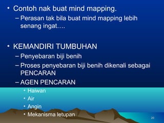 • Contoh nak buat mind mapping.
  – Perasan tak bila buat mind mapping lebih
    senang ingat….


• KEMANDIRI TUMBUHAN
  – Penyebaran biji benih
  – Proses penyebaran biji benih dikenali sebagai
    PENCARAN
  – AGEN PENCARAN
    •   Haiwan
    •   Air
    •   Angin
    •   Mekanisma letupan                           20
 