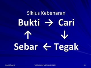 Siklus Kebenaran
            Bukti → Cari
             ↑      ↓
           Sebar ← Tegak
Daniel Rosyid      WORKSHOP MENULIS 10/2011   33
 