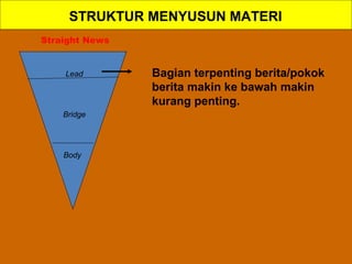 STRUKTUR MENYUSUN MATERI
Bagian terpenting berita/pokok
berita makin ke bawah makin
kurang penting.
Lead
Bridge
Body
Straight News
 