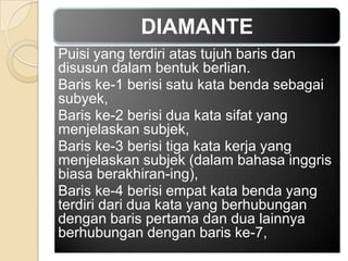 DIAMANTE
Puisi yang terdiri atas tujuh baris dan
disusun dalam bentuk berlian.
Baris ke-1 berisi satu kata benda sebagai
subyek,
Baris ke-2 berisi dua kata sifat yang
menjelaskan subjek,
Baris ke-3 berisi tiga kata kerja yang
menjelaskan subjek (dalam bahasa inggris
biasa berakhiran-ing),
Baris ke-4 berisi empat kata benda yang
terdiri dari dua kata yang berhubungan
dengan baris pertama dan dua lainnya
berhubungan dengan baris ke-7,

 