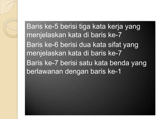 Baris ke-5 berisi tiga kata kerja yang
menjelaskan kata di baris ke-7
Baris ke-6 berisi dua kata sifat yang
menjelaskan kata di baris ke-7
Baris ke-7 berisi satu kata benda yang
berlawanan dengan baris ke-1

 