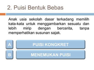 2. Puisi Bentuk Bebas
Anak usia sekolah dasar terkadang memilih
kata-kata untuk menggambarkan sesuatu dan
lebih
mirip
dengan
bercerita,
tanpa
memperhatikan susunan sajak.

A

PUISI KONGKRET

B

MENEMUKAN PUISI

 